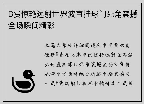 B费惊艳远射世界波直挂球门死角震撼全场瞬间精彩